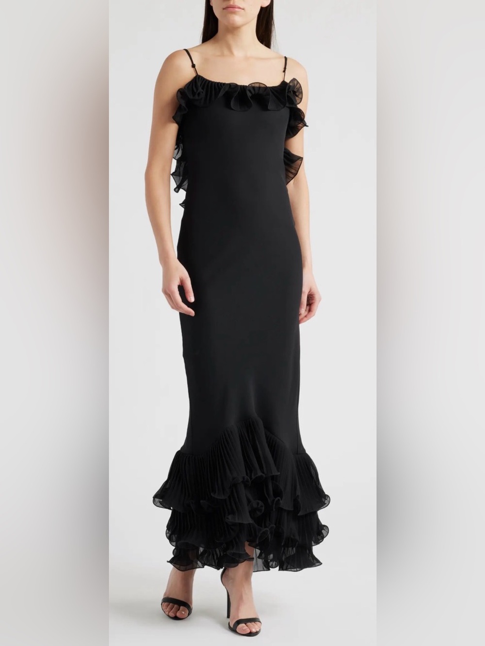 NEW Delfi Collective Delina Ruffle Open Back  Black Mermaid Gown Sz L